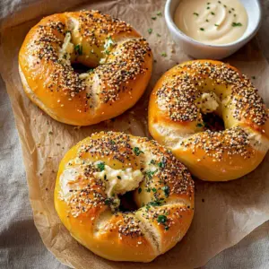 Cream Cheese Stuffed Garlic Bagels with herbs and spices