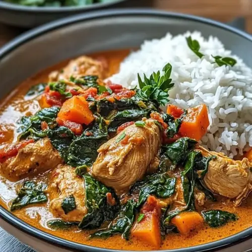 Bowl of Creamy African Chicken Peanut Stew garnished with fresh herbs.