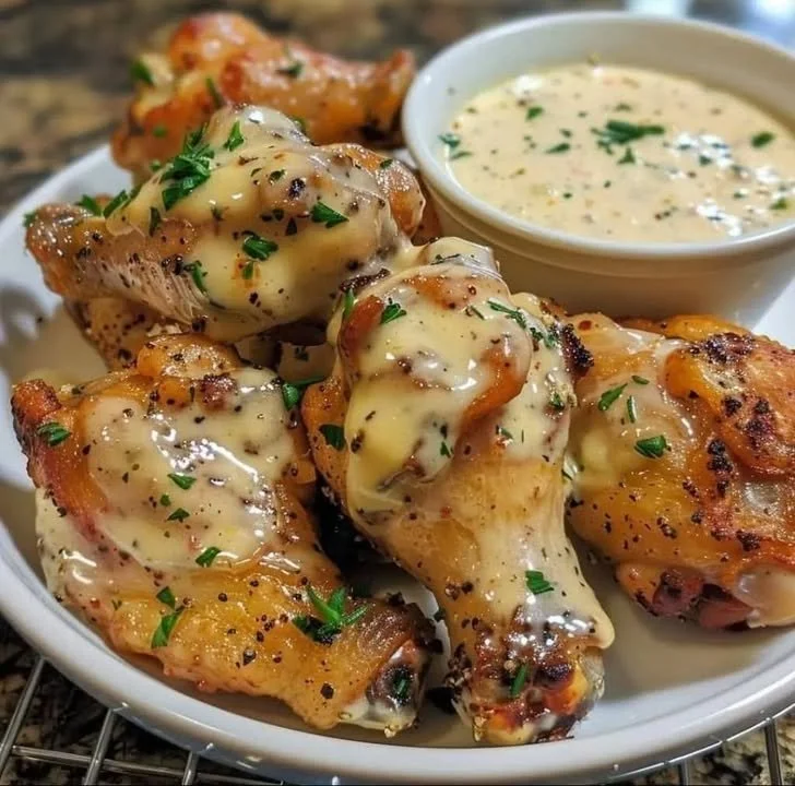 Delicious creamy Alfredo chicken wings served with herbs and spices