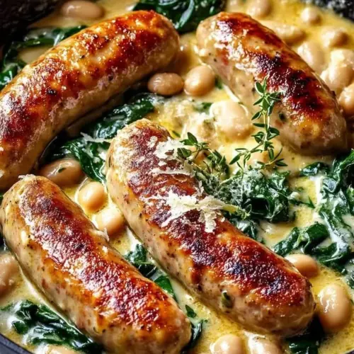 Creamy bean spinach chicken sausage skillet dish served in a frying pan