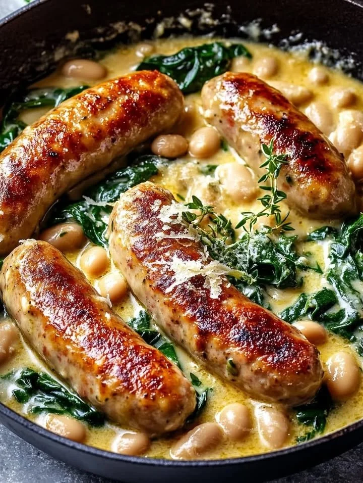 Creamy bean spinach chicken sausage skillet dish served in a frying pan