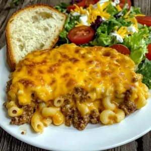 Creamy beef macaroni bake dish served with cheese and garnished with herbs.