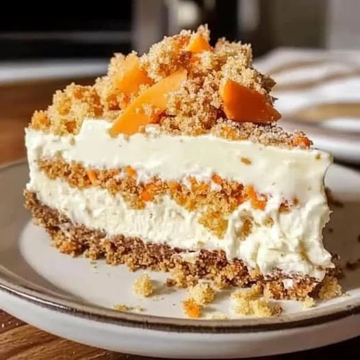 Slice of creamy carrot cake cheesecake topped with fresh carrots and cream