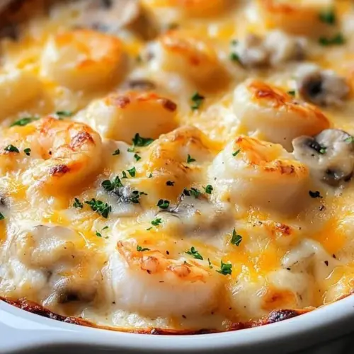 Creamy cheesy seafood bake with shrimp, crab, and a rich cheese topping