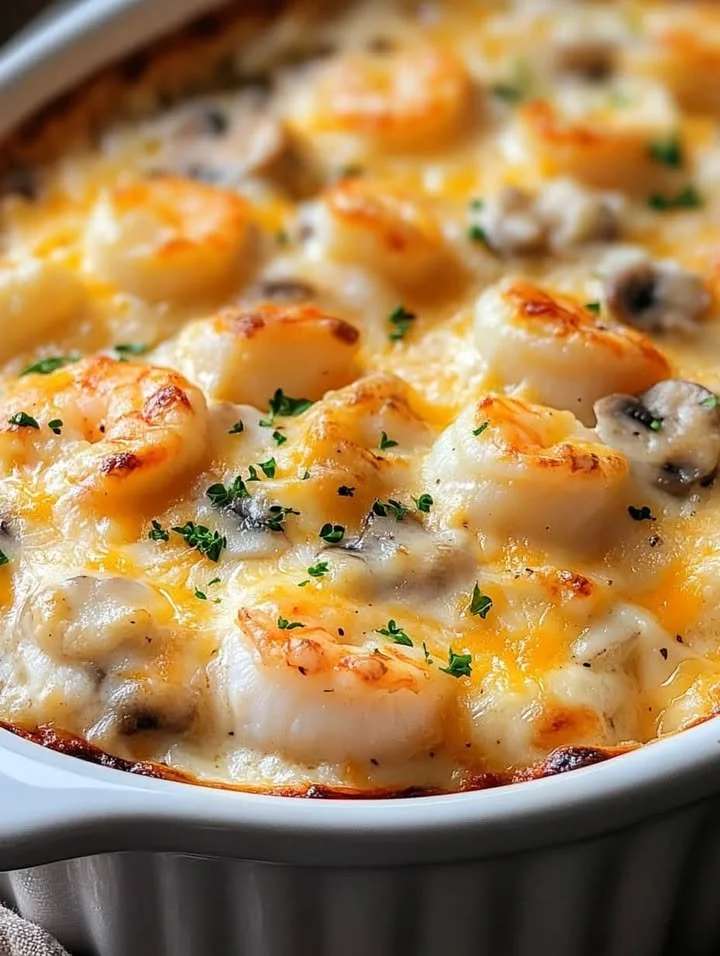 Creamy cheesy seafood bake with shrimp, crab, and a rich cheese topping