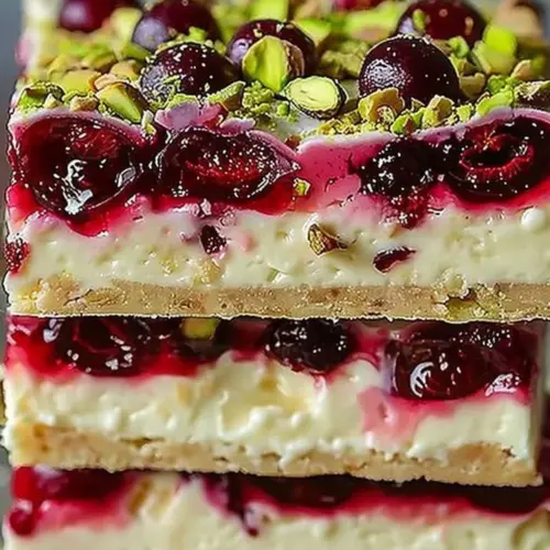 Delicious creamy cherry pistachio squares displayed on a plate