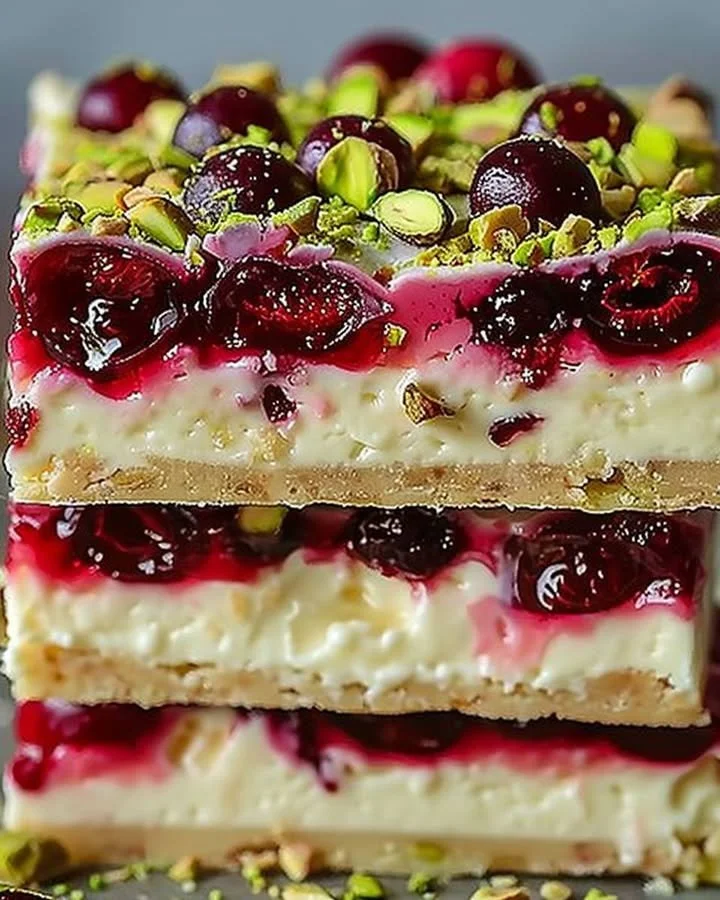 Delicious creamy cherry pistachio squares displayed on a plate