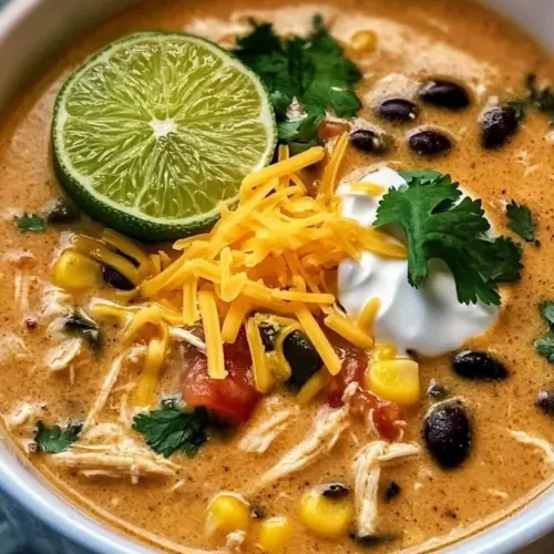 Bowl of creamy Chicken Poblano black bean soup garnished with fresh herbs