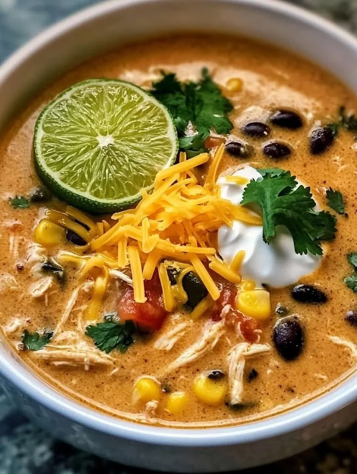 Bowl of creamy Chicken Poblano black bean soup garnished with fresh herbs