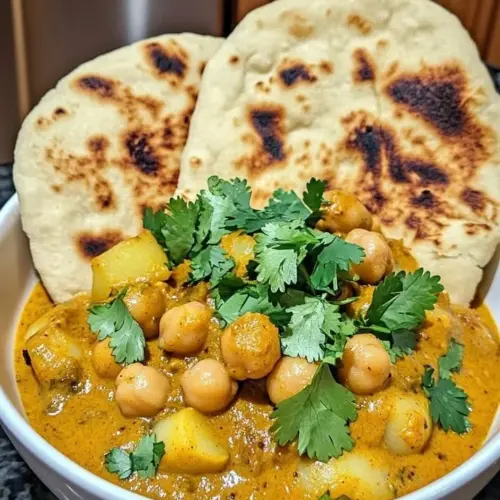 Creamy coconut potato chickpea curry served in a bowl