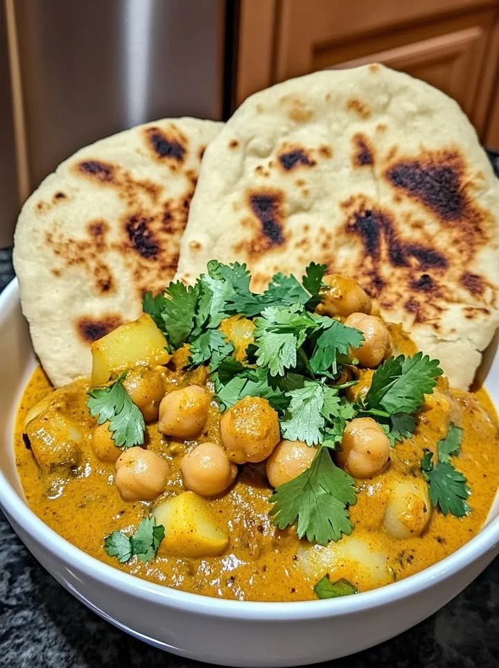 Creamy coconut potato chickpea curry served in a bowl