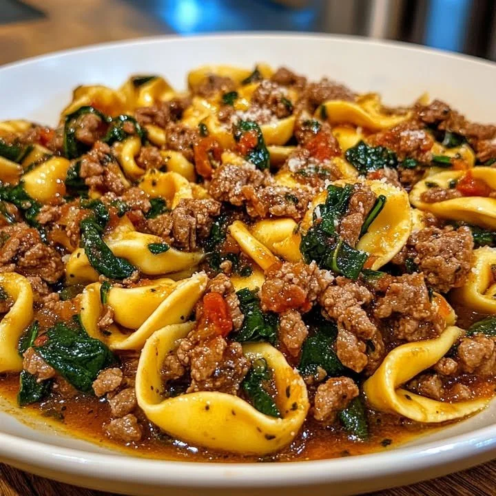 Creamy garlic butter beef tortellini dish served with herbs and cheese