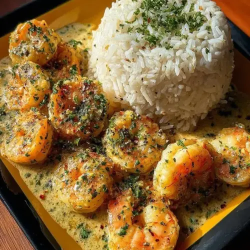 Creamy garlic butter shrimp served on a bed of rice