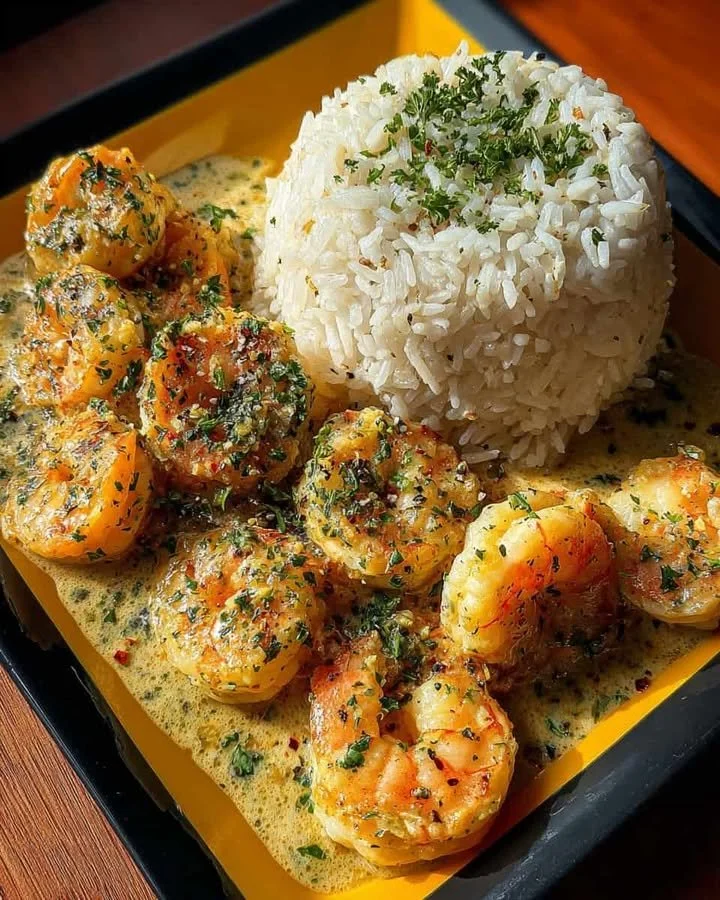 Creamy garlic butter shrimp served on a bed of rice