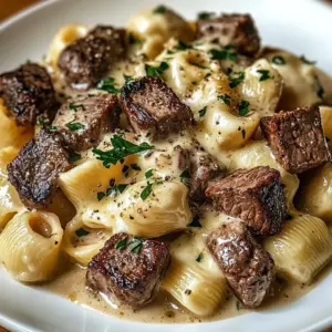 Creamy garlic butter steak pasta garnished with parsley and parmesan cheese