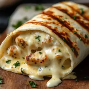 Creamy garlic cheese chicken wrap with fresh ingredients and melted cheese