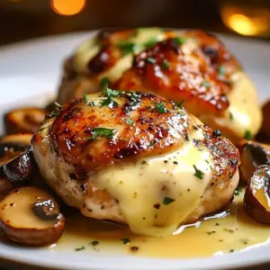 Creamy Garlic Mushroom Chicken Bake in a casserole dish, garnished with herbs.