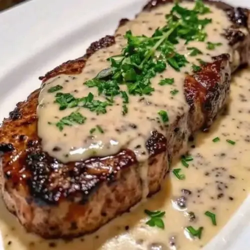 A delicious creamy garlic steak served with herbs and spices.
