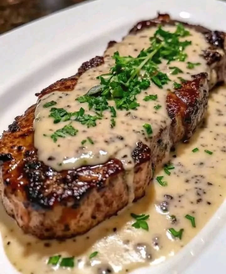 A delicious creamy garlic steak served with herbs and spices.