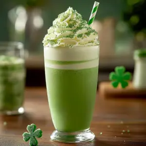 Creamy homemade shamrock shake in a glass with whipped cream and green sprinkles