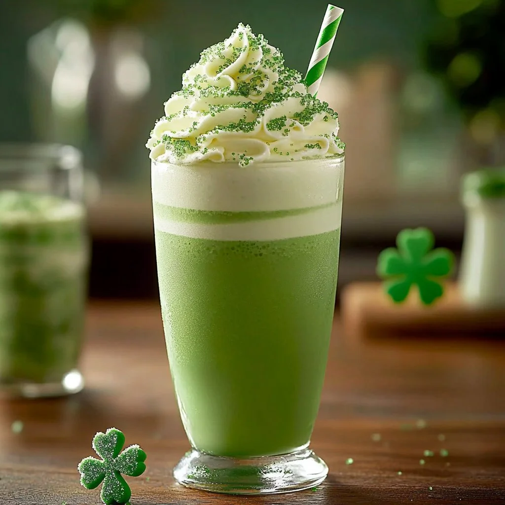 Creamy homemade shamrock shake in a glass with whipped cream and green sprinkles