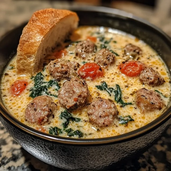 Creamy Italian Sausage Soup garnished with Parmesan cheese in a bowl.