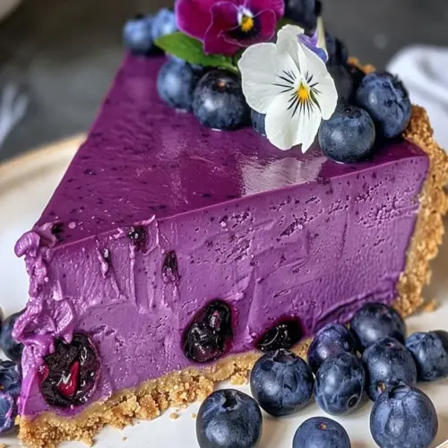Creamy lavender blueberry cheesecake topped with fresh blueberries