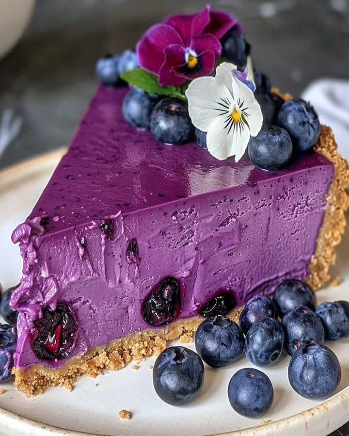 Creamy lavender blueberry cheesecake topped with fresh blueberries