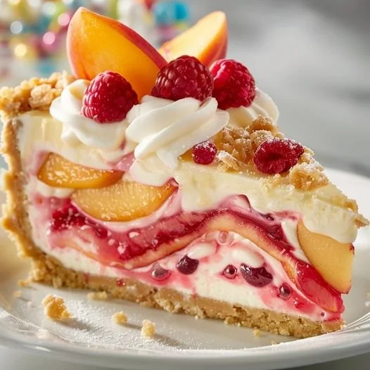 Delicious creamy peach raspberry cheesecake dessert slice on a white plate