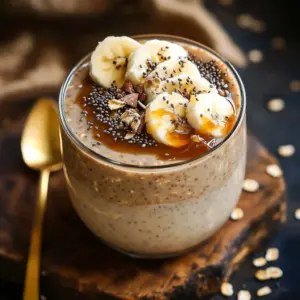 Creamy peanut butter banana chia pudding in a bowl with fresh bananas on top