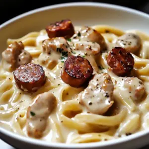 Creamy pepper jack chicken sausage pasta dish served in a bowl