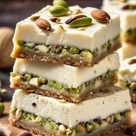 Delicious creamy pistachio bars topped with crushed pistachios on a plate