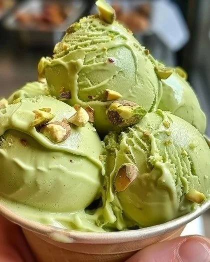 Delicious creamy pistachio gelato served in a bowl with pistachio nuts