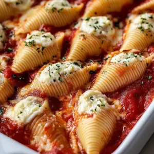 Creamy ricotta stuffed shells topped with marinara sauce and herbs