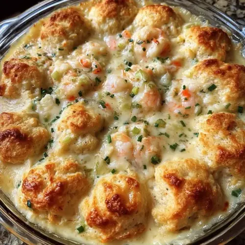 Creamy shrimp and biscuit bake in a casserole dish, garnished with herbs.