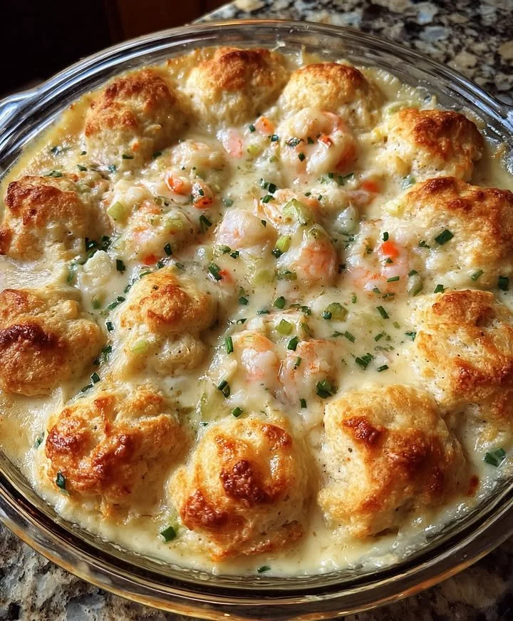 Creamy shrimp and biscuit bake in a casserole dish, garnished with herbs.