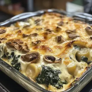 Creamy spinach and mushroom lasagna served in a baking dish