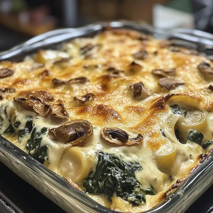 Creamy spinach and mushroom lasagna served in a baking dish