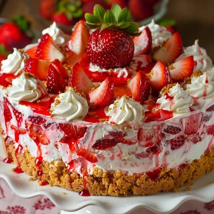 Creamy strawberry cake with fresh strawberries and whipped cream frosting
