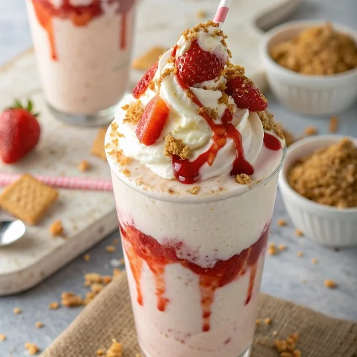 Creamy strawberry cheesecake shake topped with fresh strawberries and whipped cream