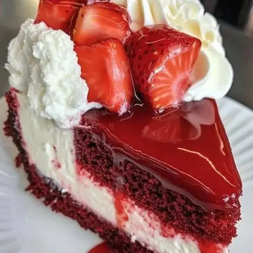 Creamy strawberry velvet cheesecake with fresh strawberries on top