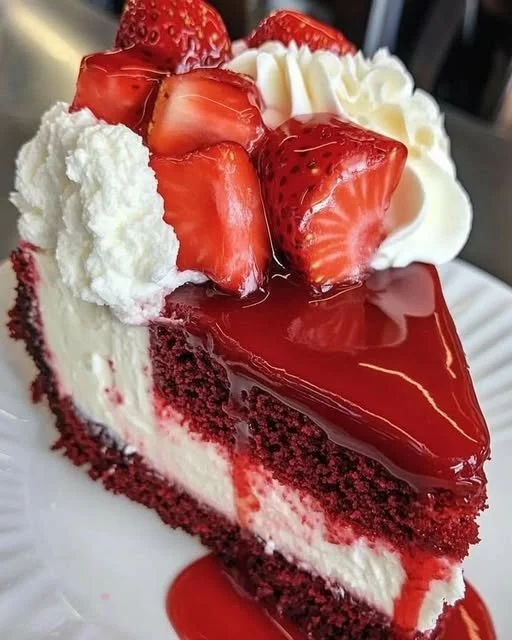 Creamy strawberry velvet cheesecake with fresh strawberries on top