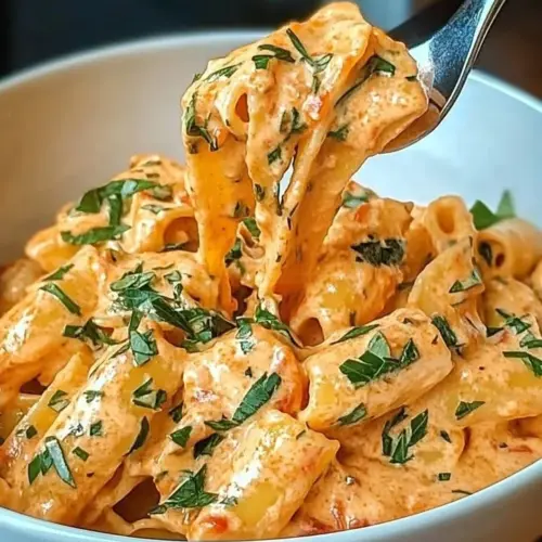 Creamy tomato garlic pasta in a bowl topped with fresh basil.