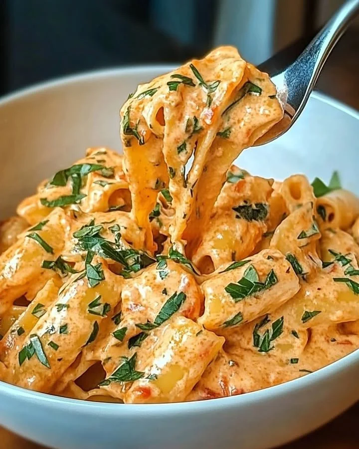 Creamy tomato garlic pasta in a bowl topped with fresh basil.