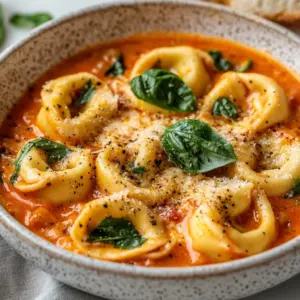 Bowl of creamy tortellini tomato soup with basil garnish.
