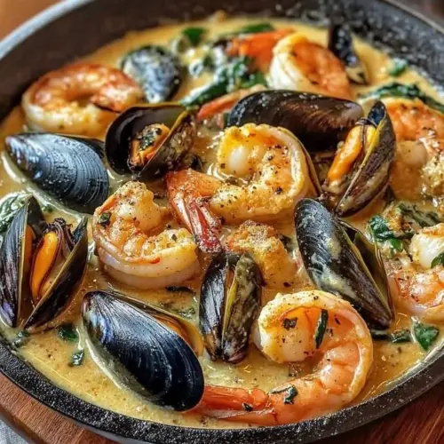 Creamy Tuscan garlic seafood skillet with shrimp and scallops