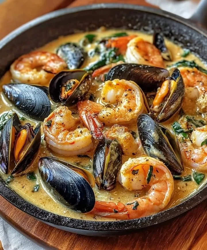 Creamy Tuscan garlic seafood skillet with shrimp and scallops