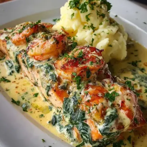 Creamy Tuscan Salmon with shrimp served on a white plate garnished with herbs.