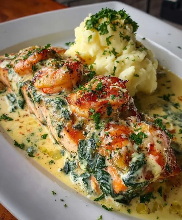 Creamy Tuscan Salmon with shrimp served on a white plate garnished with herbs.
