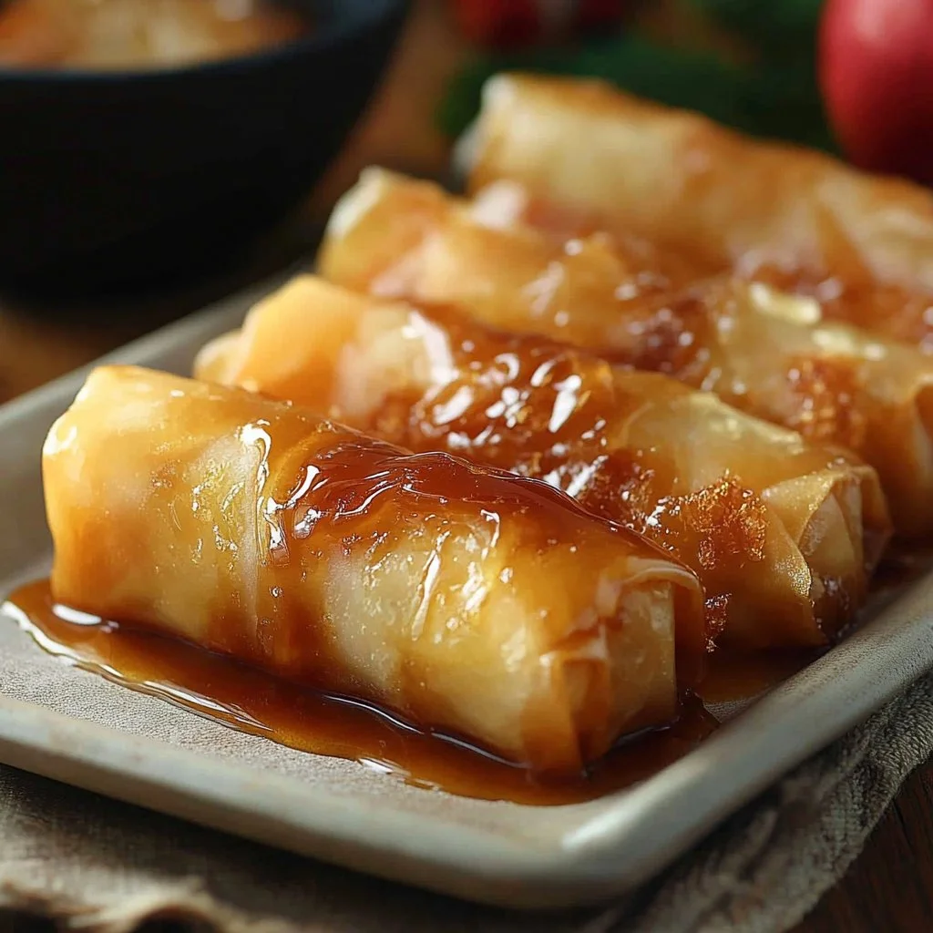 Crispy apple pie rice paper rolls served with caramel sauce